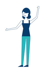 young woman people character gesturing with arms vector illustration green and blue design