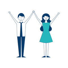 couple of young raised arms people characters vector illustration green and blue design