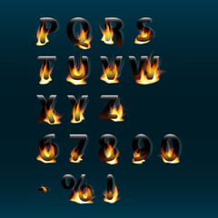 Hot letters and numbers on fire. Alphabet.Fire burning vector font. Part 2