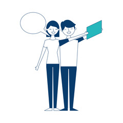 couple of young taking selfie with mobile vector illustration green and blue design