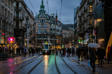 Rennweg- tram station in Zurich. Cityscape.