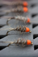 Nymphen für Fischerei auf arktischen Saibling. Fotografiert in Grönland