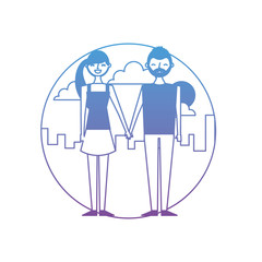 happy copule holding hands with urban background vector illustration degrade color design