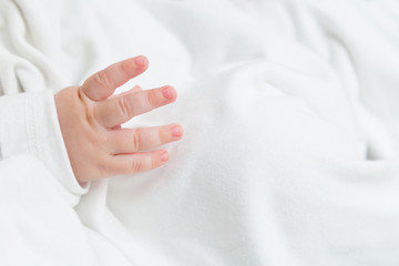 Baby's little hand over white background.