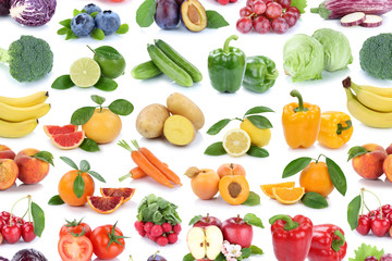 Obst und Gemüse Früchte Apfel Orange frische Collage Freisteller Hintergrund freigestellt