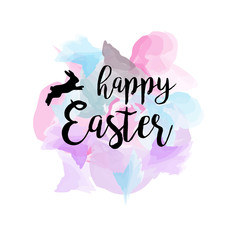 HAPPY EASTER TYPOGRAPHY TEXT. LETTERING TITLE WITH BUNNY ON WHITE BACKGROUND. PAINTED BRUSH ART