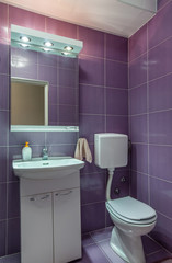 Purple tiles in bathroom interior, toilet and mirror