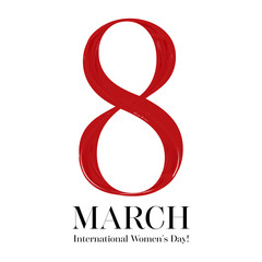 8 March vector greeting card, International Women's Day. Red lipstick number eight, isolated on white background. Concept for holiday banner, poster, background with place for text.