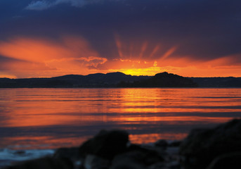 sunset of fire on the lake
