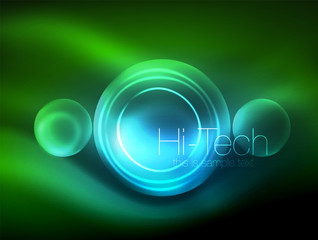 Blurred neon glowing circle, hi-tech modern bubble template, techno glowing glass round shapes or spheres. Geometric abstract background