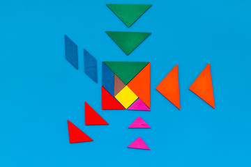 jigsaw puzzle game piece office table in business strategy set blue background top view mock up