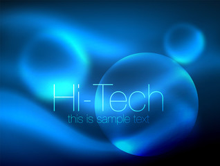 Blurred blue neon glowing circles, hi-tech modern bubble template, techno glowing glass round shapes or spheres. Geometric abstract background
