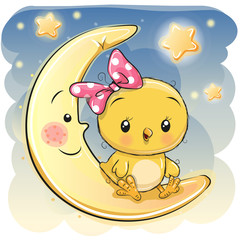 Cute Chicken girl is sitting on the moon