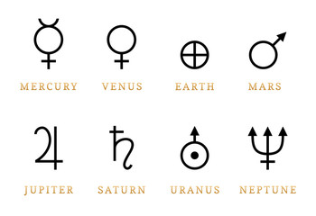 Astronomical symbols illustration of eight planets. Signs of Solar planetary system in vector