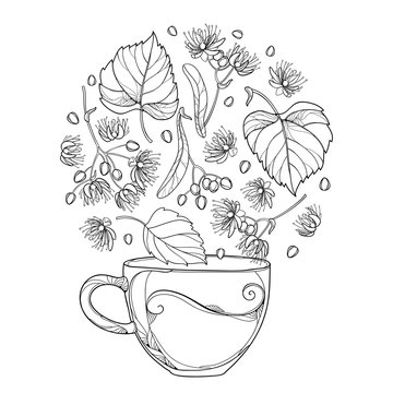 linden tea cup with leaves and flowers clip art preview