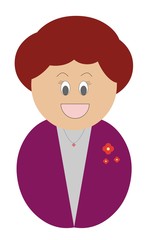 Mulher branca e ruiva, fellz, sorrindo e vestindo roupa roxa