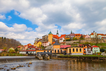 Bright small town Loket the near of Karlovy Vary, Czech Republic. Summer day and waterfront view.