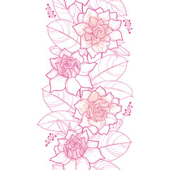 Vector seamless pattern with outline Gardenia in pastel pink color. Ornate flower, bud and leaves on the white background. Elegance floral vertical border with contour Gardenia for summer design.
