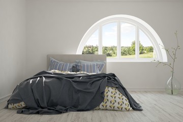 Inspiration of white minimalist  bedroom with summer landscape in window. Scandinavian interior design. 3D illustration