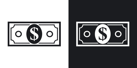 Vector dollar bill icon. Two-tone version on black and white background