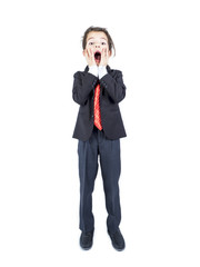 A young handsome businessman opened his mouth in surprise. He looks at the camera. Isolated. White background.