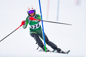 Skier at a gate on the slalom race course