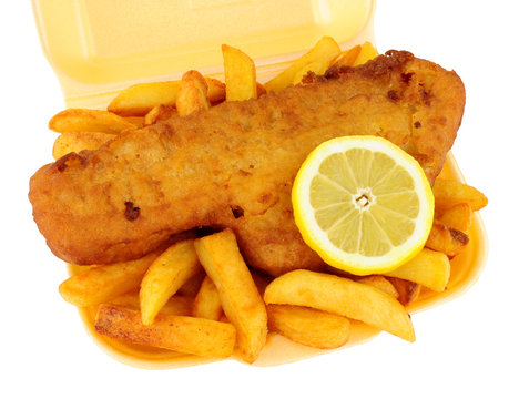 Fish And Chips In A Polystyrene Take Away Tray Isolated On A White Background