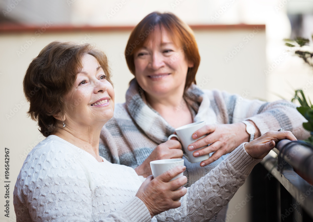 Wall mural Mature women talking at patio