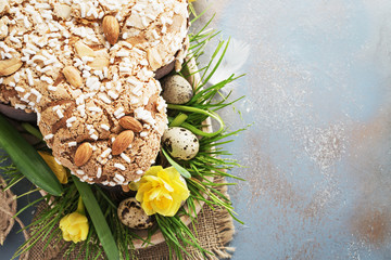 Colomba - italian easter dove cake on old rustic  board. Selective focus, free text space.