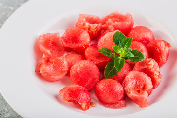 Healthy fresh organic watermelon salad with basil closeup