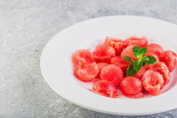 Healthy fresh organic watermelon salad with basil closeup