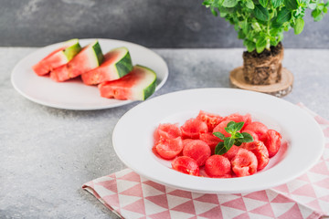 Healthy fresh organic watermelon salad with basil closeup