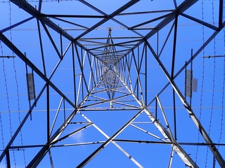 Electricity pylon viewed from underneath, Hertfordshire, UK