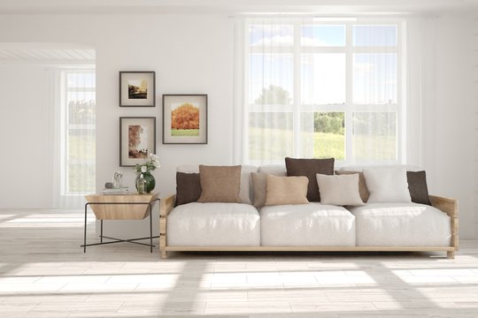 Idea of white room with sofa and summer landscape in window. Scandinavian interior design. 3D illustration