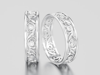 3D illustration two white gold or silver matching couples wedding diamond rings bands