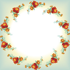 Round wreath from orange marigold flowers, marigold, leaves and curly stems i