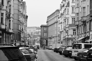 Black & white Prague's street view. Nice sunny day. Cityscape.