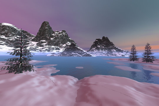 Afternoon view on the lake, an alpine landscape, snowy mountains, beautiful trees and a colored sky.