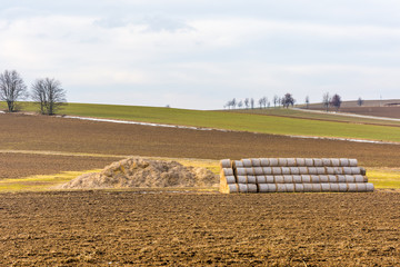 Straw bales on the agriculture field. Farming on the typical countryside land.
