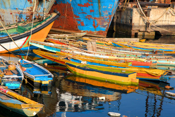 Fototapeta na wymiar Colorful small boats at fishing harbor in Visakhapatnam,India