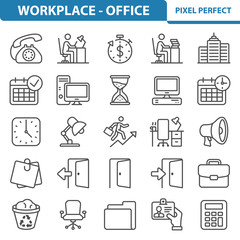 Office and Workplace Icons, Professional, pixel perfect icons depicting various office, job, career and workplace concepts. EPS 8 format.