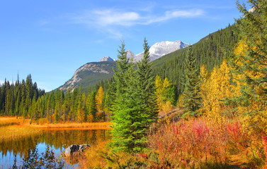 Fototapeta na wymiar Scenic Vermilion lakes landscape in autumn time