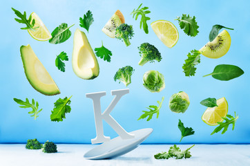 Flying foods rich in vitamin k. Green vegetables. Healthy eating