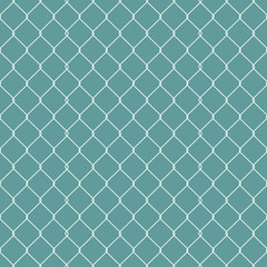 Fototapeta premium Metallic wired Fence seamless pattern isolated on blue background. Steel Wire Mesh. Vector Illustration