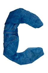 isolated English alphabet is laid out with jeans in different shades