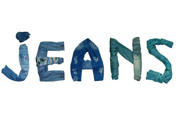 the word JEANS is lined with isolated jeans and denim  letters