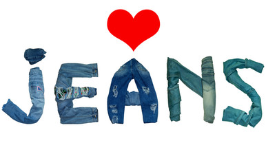 the word JEANS is lined with isolated jeans and denim  letters and red heart 