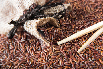 Wild red rice with sticks closeup