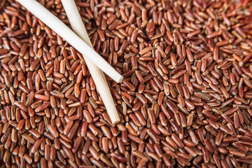 Wild red rice with sticks closeup