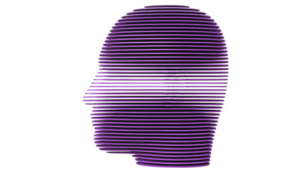 3d model of a humane head with colored skin isolated on white. it is a man face with bold head staring at various angles looking strait.